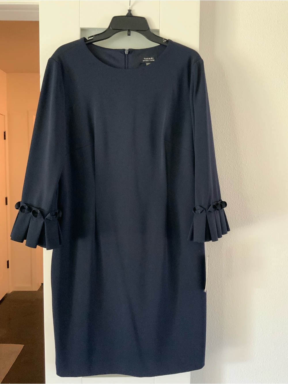 Tahari Navy Pleated-Cuff Shift Dress with Bow Detail